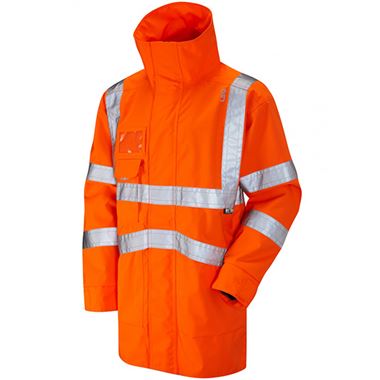 Leo Workwear Clovelly Orange Mesh Lined Waterproof Breathable Executive Hi Vis Jacket 