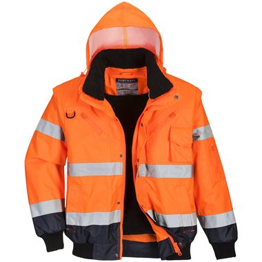 Portwest C465 Orange/Navy Fur Lined Waterproof 3 in 1 Hi Vis Bomber Jacket