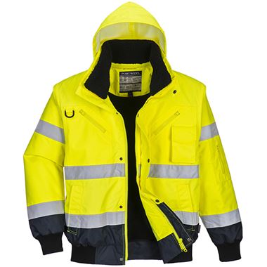 Portwest C465 Yellow/Navy Fur Lined Waterproof 3 in 1 Hi Vis Bomber Jacket