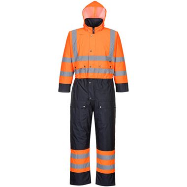 Portwest S485 Orange/Navy Quilt Lined Hi Vis Thermal Waterproof Overalls